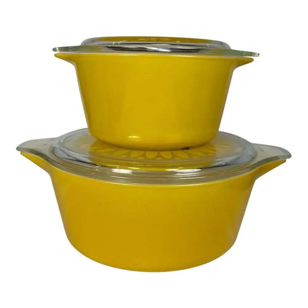 Vintage Pyrex Yellow Sunflower Daisy 475 473 Casserole Dish w/ Lids 2.5 Qt 1 Qt